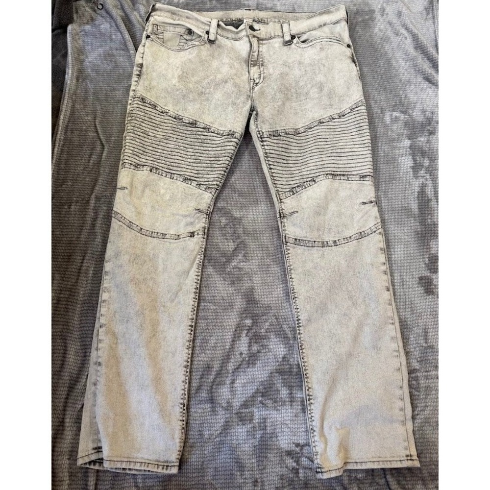 True Religion Mens Rocco Biker Slim Fit Moto Jeans Grey Acid Wash Size 44x33